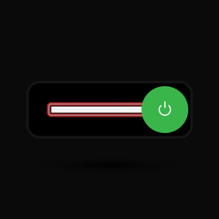 On Off switch toggle - slider style power buttons with shiny green shade neon light button round in black background, The Off buttons are enclosed in red circle in black backgroundのイラスト素材