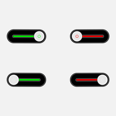 Set of 4 On Off slider style power buttons with black background, The Off buttons are enclosed in red circle and the on buttons in green circle,の写真素材