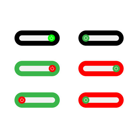 Set of 6 On Off slider style power buttons with red, green and black background, The Off buttons are enclosed in red circle and the on buttons in green circle.のイラスト素材