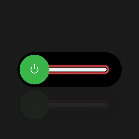 On Off switch toggle - slider style power buttons with shiny red shade neon light button round in black background, The On Off buttons are enclosed in red circle in black backgroundのイラスト素材