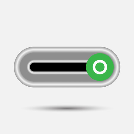 On Off switch slider style power buttons with silver button round background, The On buttons are enclosed in green and white circle with shadow in white backgroundのイラスト素材