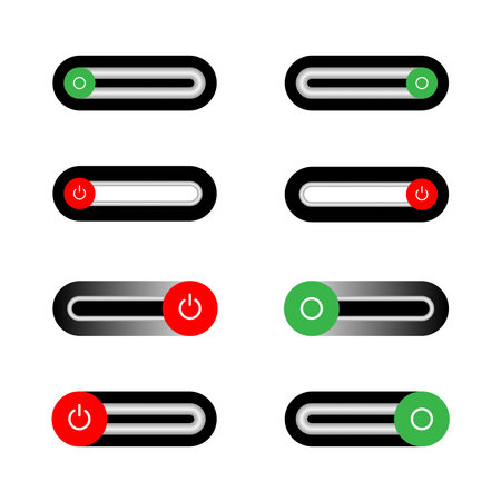 Set of 8 On Off slider style power buttons with a silver background. The Off buttons are enclosed in a red circle and the on buttons in a green circle, with a slider changing from red to green.の写真素材