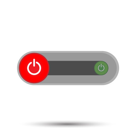 On Off switch toggle - slider style power buttons with round in grey background, The On buttons are enclosed in green circle and The Off buttons are enclosed in red circle in soft white backgroundのイラスト素材