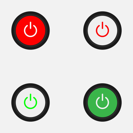 Set of 4 On Off slider style power buttons with black background, The Off buttons are enclosed in red circle and the on buttons in green circle,のイラスト素材