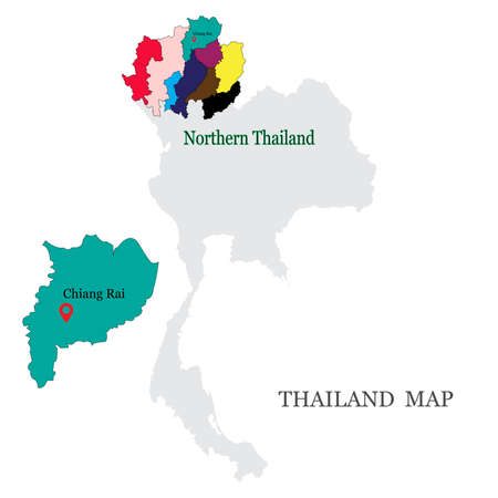 Maps of Northern Thailand with 9 Province in different colors, Chiang mai, Chiang rai, Phrae, Phayao, Lampang, Lamphun, Maehhongson, Uttaradit, Nan and have Map pin on Chiang Rai Provinceのイラスト素材