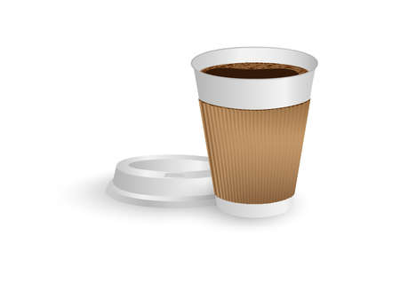 Hot Coffee, Cappuccino, Late, Mocha in white paper container cup with brown sleeve and white lid on the sideのイラスト素材