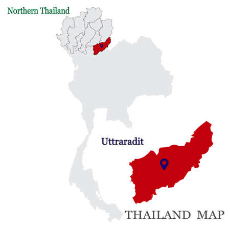 Maps of Northern Thailand with 9 Province, Chiang mai, Chiang rai, Phrae, Phayao, Lampang, Maehhongson, Uttaradit, Lamphun, Nan and focus on Uttraradit with red colour and blue pin mapのイラスト素材