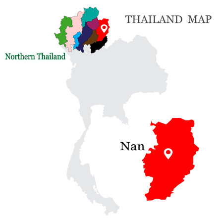Maps of Northern Thailand with 9 Province, Chiang mai, Chiang rai, Phrae, Phayao, Lampang, Maehhongson, Uttaradit, Lamphun, Nan and focus on Nan with red colour and white pin mapのイラスト素材
