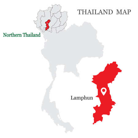 Maps of Northern Thailand with 9 Province, Chiang mai, Chiang rai, Phrae, Phayao, Lampang, Maehhongson, Uttaradit, Lamphun, Nan and focus on Lamphun with red colour and white pin mapのイラスト素材