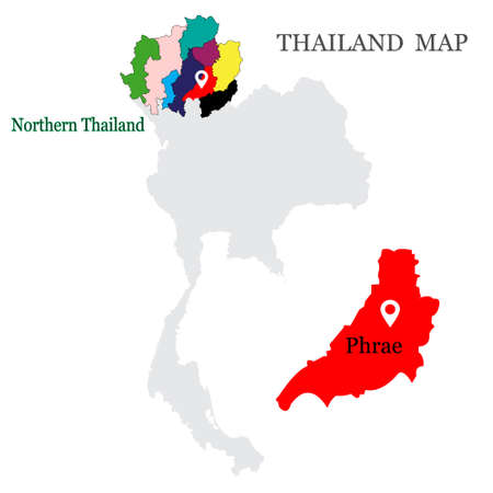 Maps of Northern Thailand with 9 Province, Chiang mai, Chiang rai, Phrae, Phayao, Lampang, Maehhongson, Uttaradit, Lamphun, Nan and focus on Phrae with red colour and white pin mapのイラスト素材