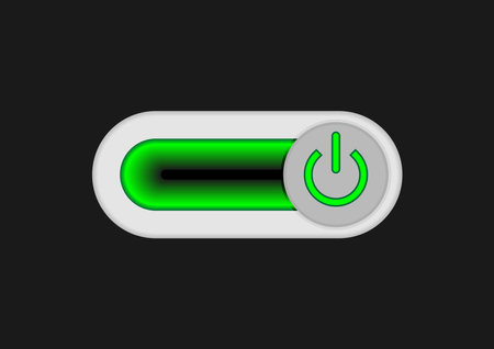 On Off switch toggle - slider style power buttons with black button round grey and Shiny green background, The On Off buttons are enclosed in green circle in black backgroundのイラスト素材