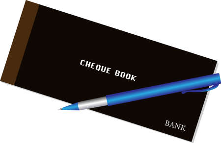 Cheque book in Black and brown color with Bright blue and silver pen in white backgroundのイラスト素材