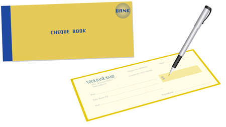 Cheque book in sofe yellow and blue color with grey and black or silver pen in white backgroundのイラスト素材