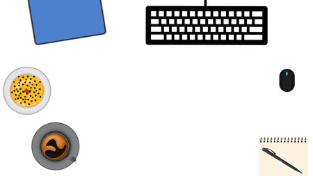 Topview work space keyboard, tablet,coffee cup, decorative notebook, pen,mouse, aand dessert donut for banner or template and background copy spaceのイラスト素材