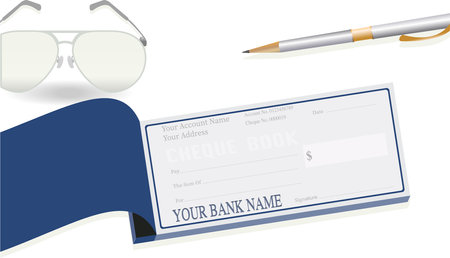 Cheque book in soft green color with red pen and hot coffee in red mug in white backgroundのイラスト素材