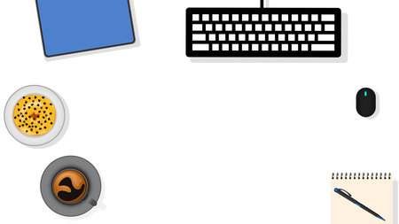 Topview work space keyboard, tablet,coffee cup, decorative notebook, pen,mouse, aand dessert donut for banner or template and background copy spaceのイラスト素材