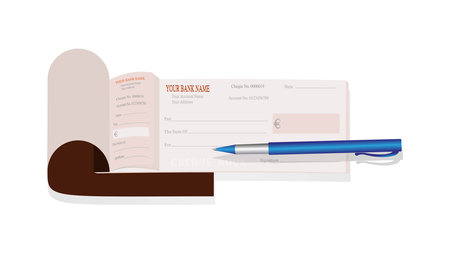 Cheque book in yellow color with black and silver pen in white backgroundのイラスト素材