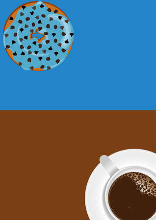 Hot coffee White mug and Donut blue glazed and chocolate chips topping in brown  and blue background  frame for print wall art decorの写真素材