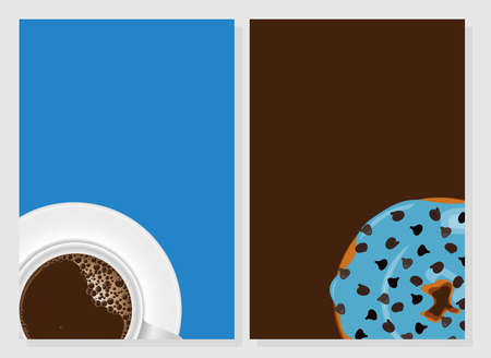 Hot coffee White mug and Donut blue glazed and chocolate chips topping in brown background  frame for print wall art decorの写真素材