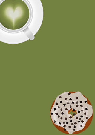 Green tea hot white mug and Donut White cream glaze and chocoolate chips topping in green backgroundの写真素材