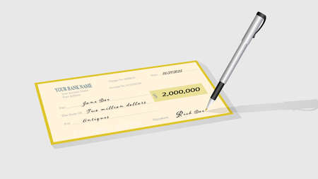 Cheque book in yellow color with black and silver pen in white backgroundの写真素材