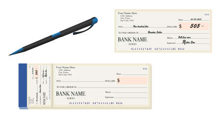 Cheque book in yellow and blue color with black pen in white backgroundの写真素材