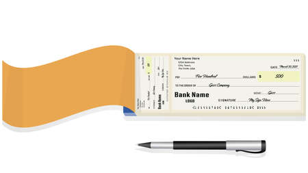 Cheque book in yellow and blue color with black pen in white backgroundの写真素材