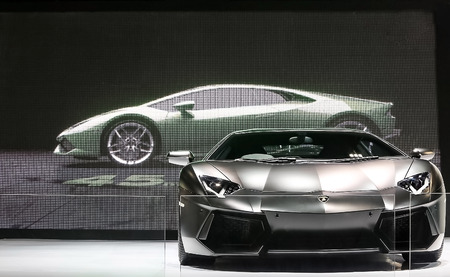 BANGKOK THAILAND - MAY 09 : black Lamborghini super car showing on exhibit space agency in BANGKOK THAILAND on MAY 09 , 2015のeditorial素材