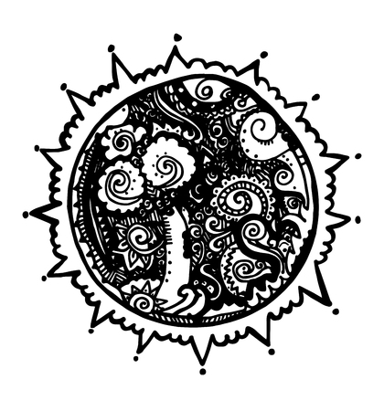Line art  hand drawn set of Space cartoon doodle round composition , surrealistic planet, Black and white circle  ornament , perforated designの写真素材