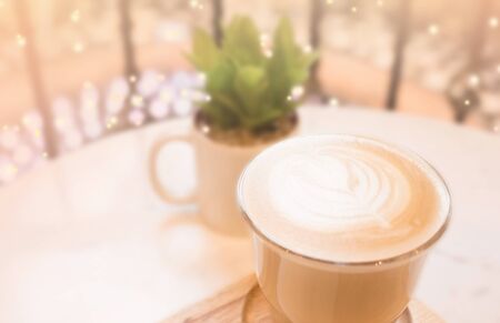 soft focused , hot coffee and latte art , vintage style effect pictureの写真素材