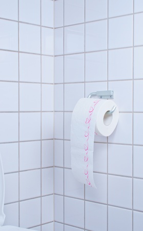 Toilet paper on a holder in rest room on a wallの写真素材