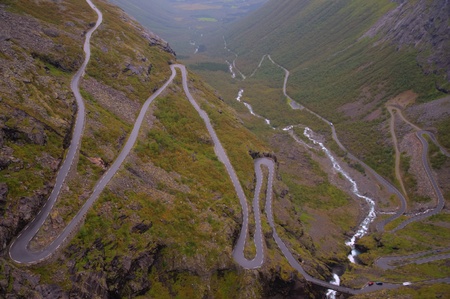 Trollstigen mountain road in Norway river HDRの写真素材