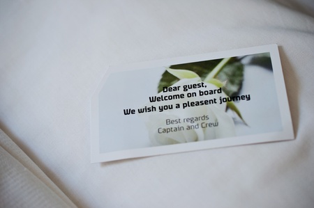 Welcome card on a pillow of cruising ship to Denmarkのeditorial素材