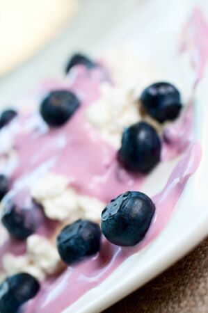 Ripe blueberries in yogurt and cottage cheese close upの写真素材
