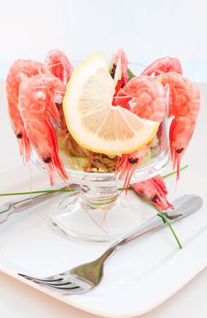 Shrimp cocktail prawn seafood salad in a salad bowlの写真素材