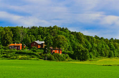 Traditional norwegian wooden houses standing in the distanceの写真素材