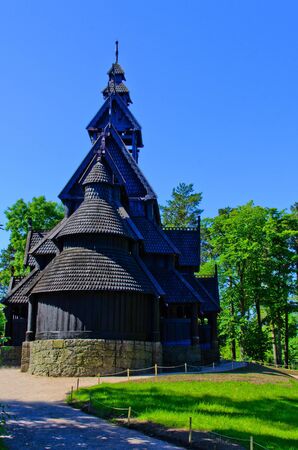 An old log church at the folk museum in Oslo Norwayの写真素材