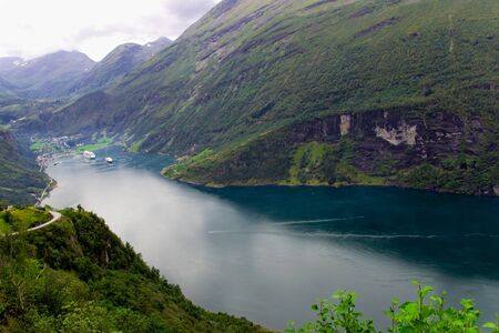 The top view on Gejrangerford and the town Gejranger, Norwayの写真素材
