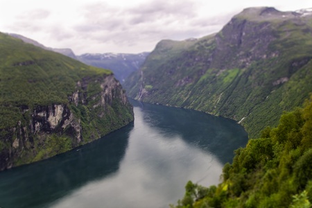 Beautiful view to the Atlantic ocean - Geiranger fjord, tilt-shiftの写真素材