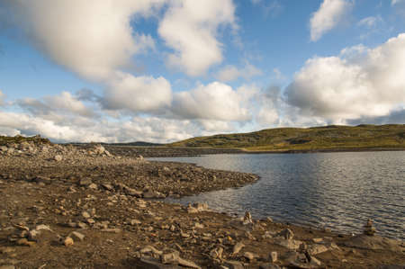 View of mountain plato with lake in Norwayの写真素材