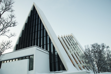 View of the Tromso Cathedral, the northernmost cathedral in the worldの写真素材