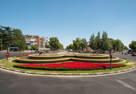 Fountains with dolphins at RepÐ¬blica del Ecuador square, Madrid Spainのeditorial素材
