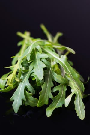 Fresh rucola salad or rocket lettuce leaves on black backgroundの写真素材