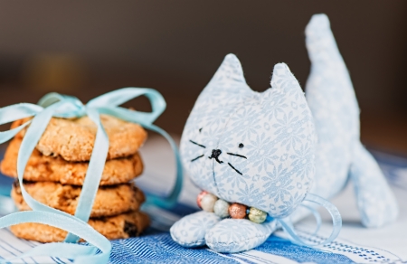 Homemade puppet, a cat and cookie on tableclothの写真素材