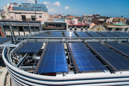 Solar water heater on roof in Barcelona Spain