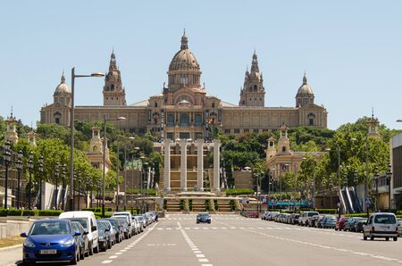 BARCELONA - JULY 19: National Palace of Barcelona, with the 4 pillars that symbolize the Catalan flag on July 19, 2012. Built following the International Exposition of 1929, in Montjuic mountain.のeditorial素材