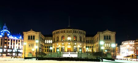 OSLO, NORWAY - FEBRUARY 20: Stortinget, Norwegian parliament facade on February 20, 2013 in Oslo, Norway. The building was designed by the Swedish architect Emil Victor Langlet and has been used by legislature since March 5, 1866.のeditorial素材