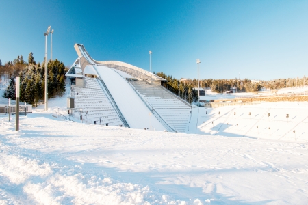 OSLO - FEBRUARY 2: Holmenkollbakken is large ski jumping hill located in Oslo, Norway. It has hill size of HS134 and a capacity for 30,000 spectators. Pictured on February 2, 2013.のeditorial素材