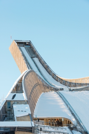 OSLO - FEBRUARY 2: Holmenkollbakken is large ski jumping hill located in Oslo, Norway. It has hill size of HS134 and a capacity for 30,000 spectators. Pictured on February 2, 2013.のeditorial素材