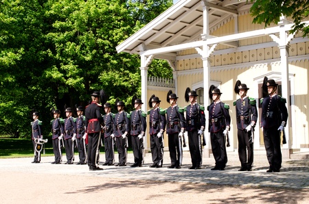OSLO - MAY 23: In Oslo, His Majesty the King's Guard keeps The Royal Palace and the Royal Family guarded for 24 hours a day. Every day at 1330 hrs, there is a Change of Guards outside the Palace. Pictured on May 23, 2012のeditorial素材